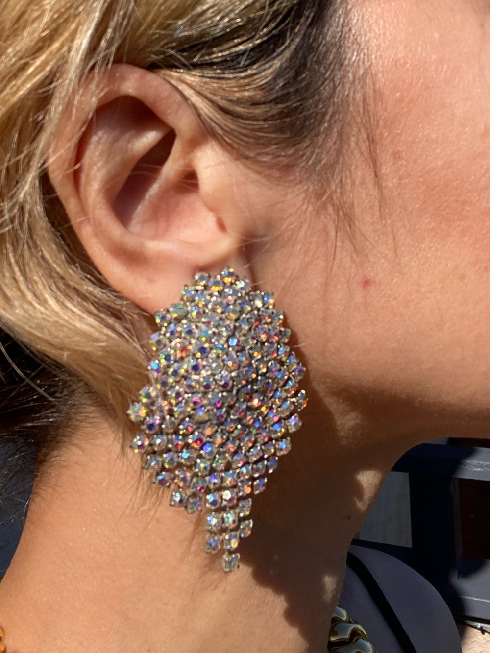 Vintage Aurora Borealis Crystal Statement Clip on  Earrings - Women Jewelry